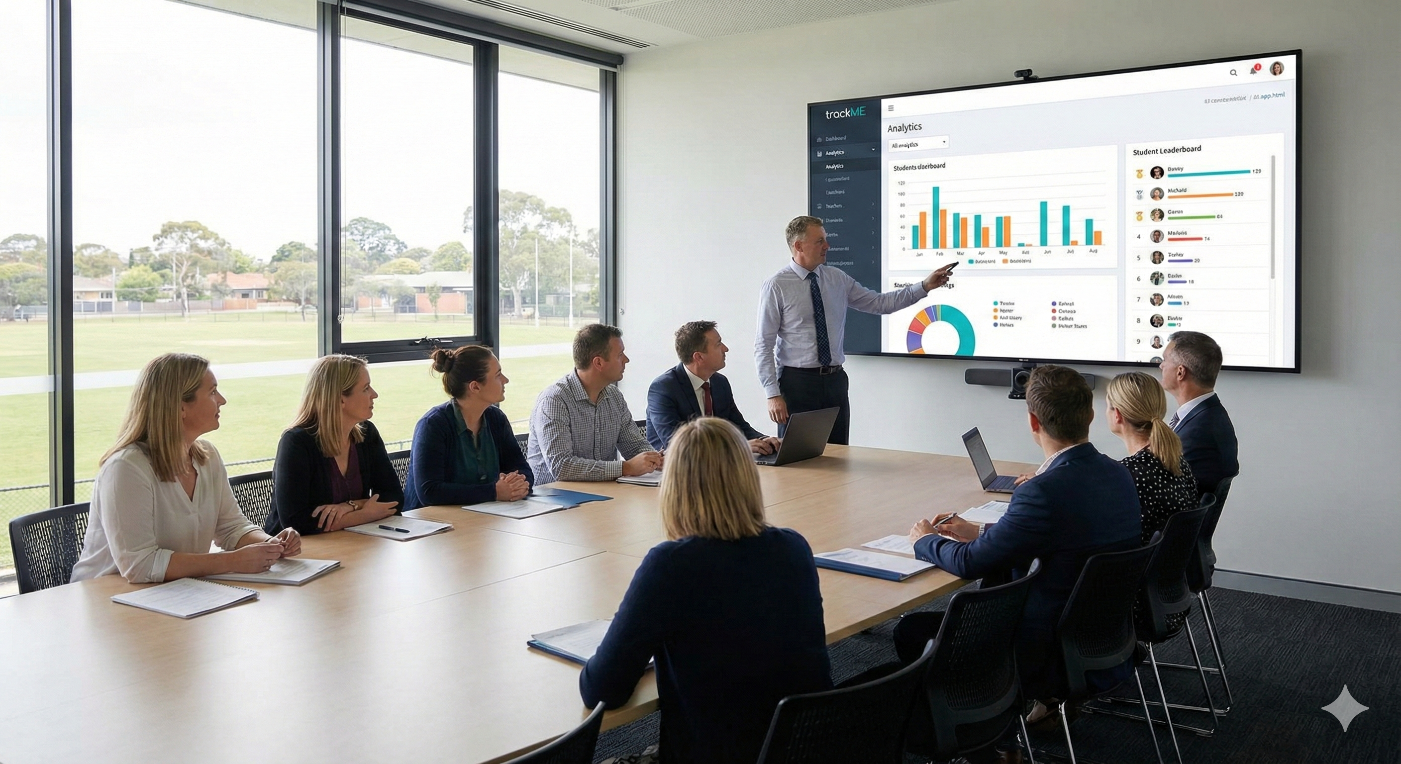 Staff meeting with trackME Analytics dashboard projected on a large screen for data-driven discussions